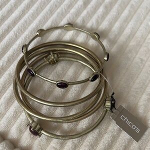 NWT Chico's Gold-Tone Stackable Bangle Set with Purple Cabochons